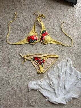 Loco Boutique butter Yellow Floral Triangle Bikini w/ white cover u - Women Swim